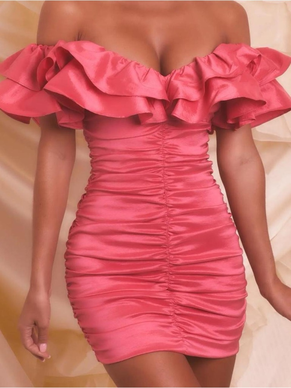 Oh Polly Coral Pink Off-Shoulder Ruched Mini Dress